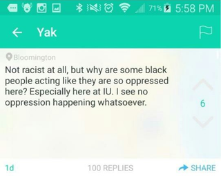 Illustration for article titled Solidarity With Mizzou's Black Students Prompts 'Equality Bullshit,' 'Blafricoons' Yik Yaks at IU